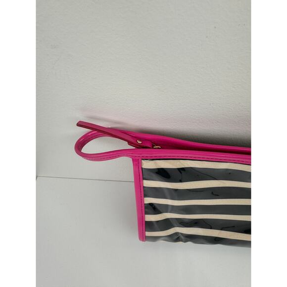 KATE SPADE Black White Stripe Pink Patent Leather Trim Zip Cosmetic Bag - Picture 3 of 6